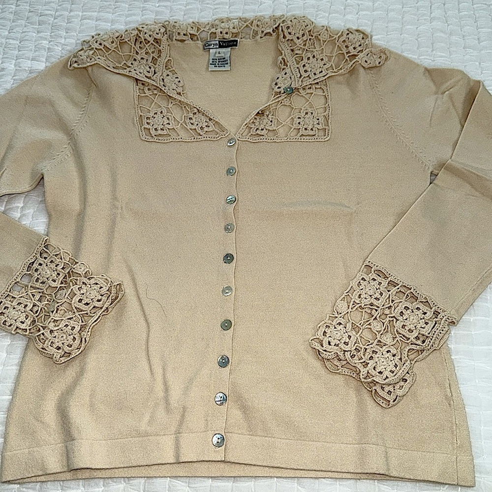 Vintage Caryn Vallone Tan Button Down Cardigan with Crochet Collar Details